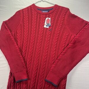 Nautica Sweater Mens Small Red Cable Knit Crewneck Sail Logo Fisherman NWT